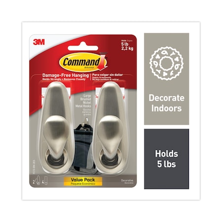 Command Adhesive Mount Metal Hook, Large, Brushed Nickel Finish, PK2 FC13BN-2ES